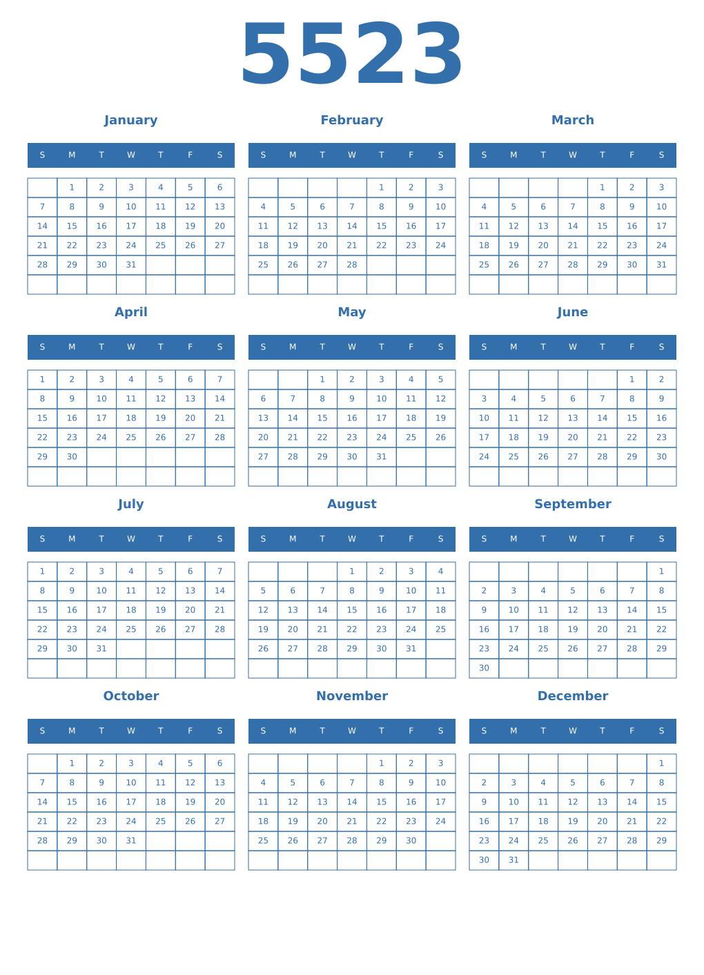Printable 5523 Year Calendars blue