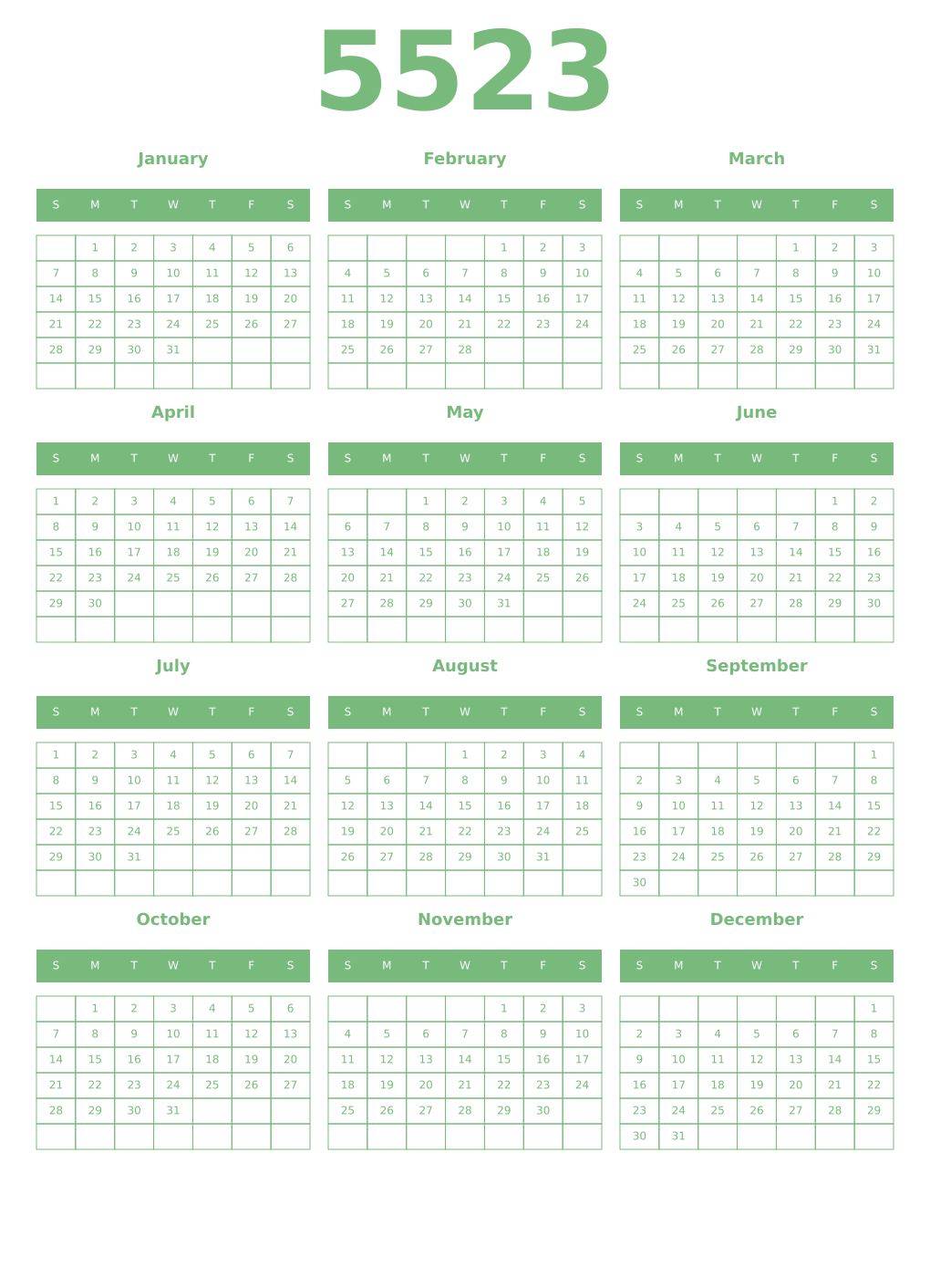 Printable 5523 Year Calendars celadon