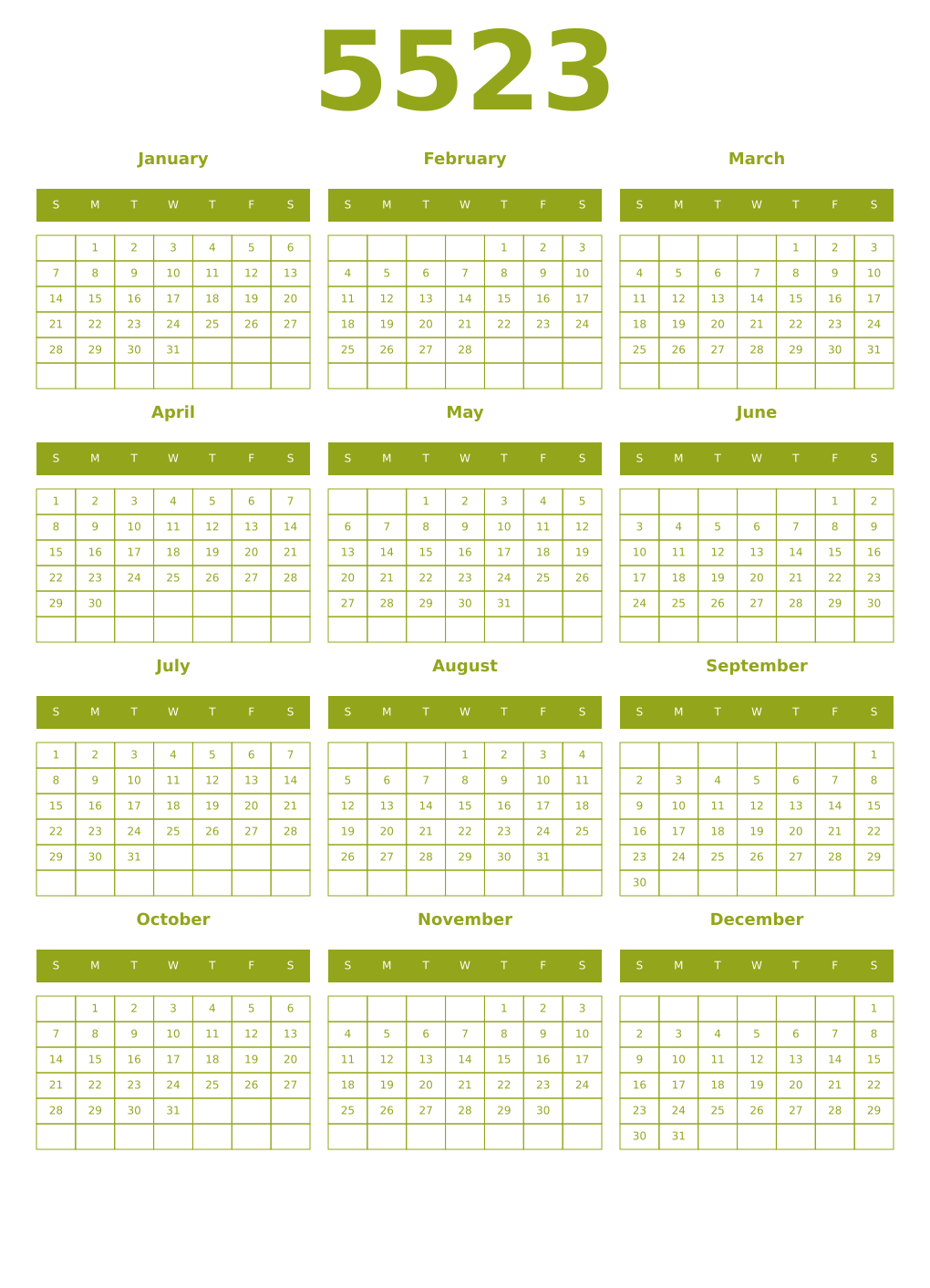 Printable 5523 Year Calendars chartreuse