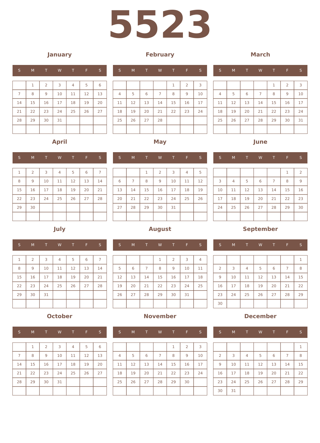 Printable 5523 Year Calendars coffe