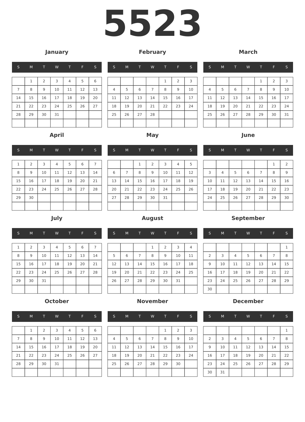 Printable 5523 Year Calendars dark