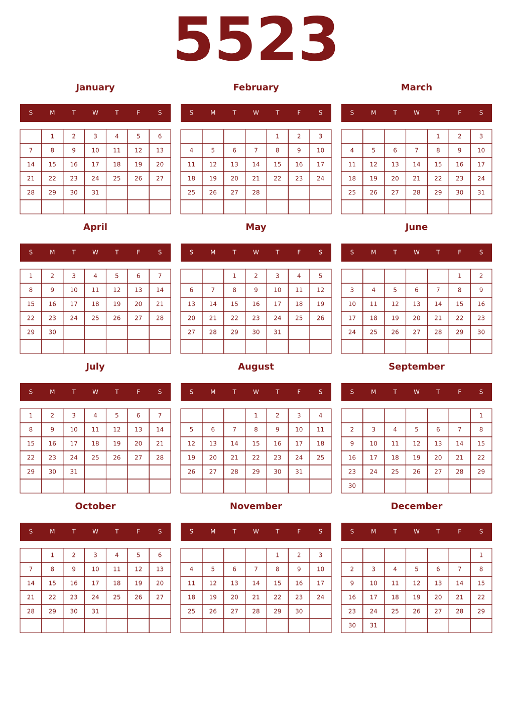 Printable 5523 Year Calendars falu