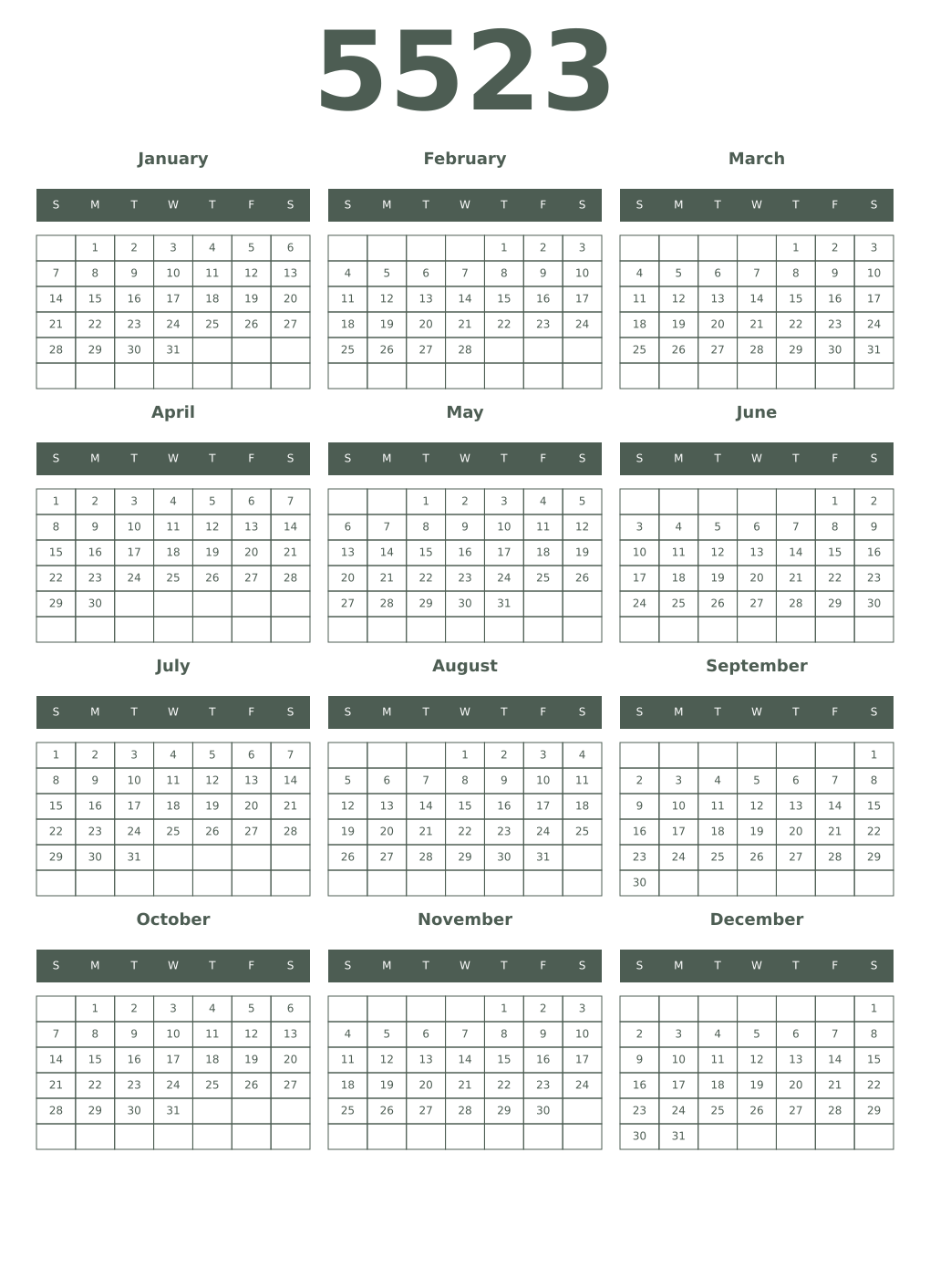 Printable 5523 Year Calendars feldgrau