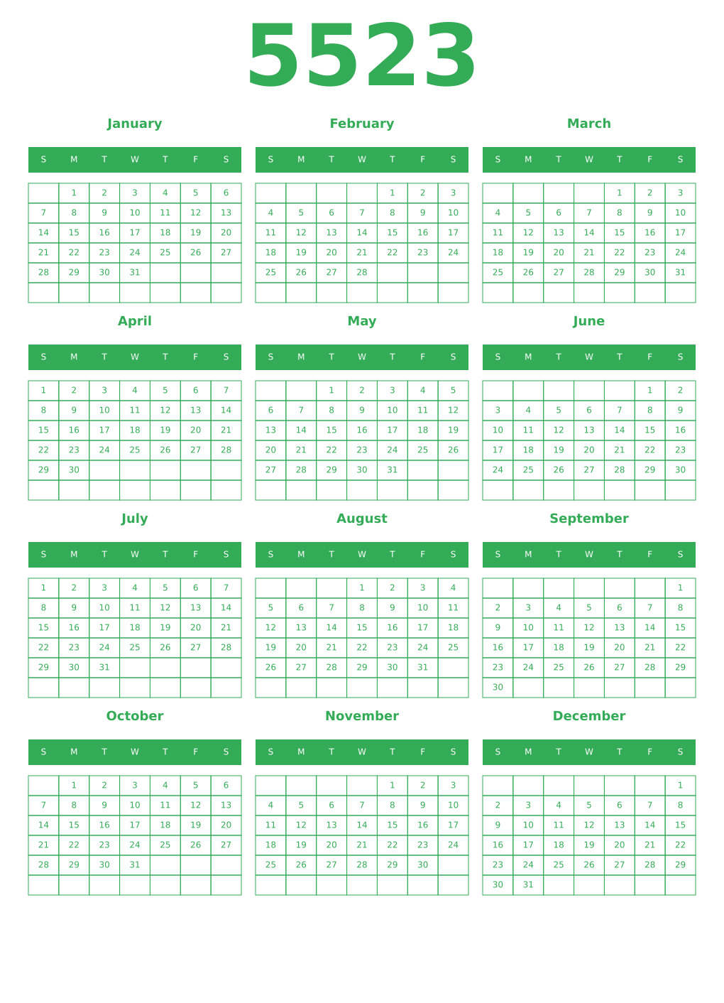 Printable 5523 Year Calendars green