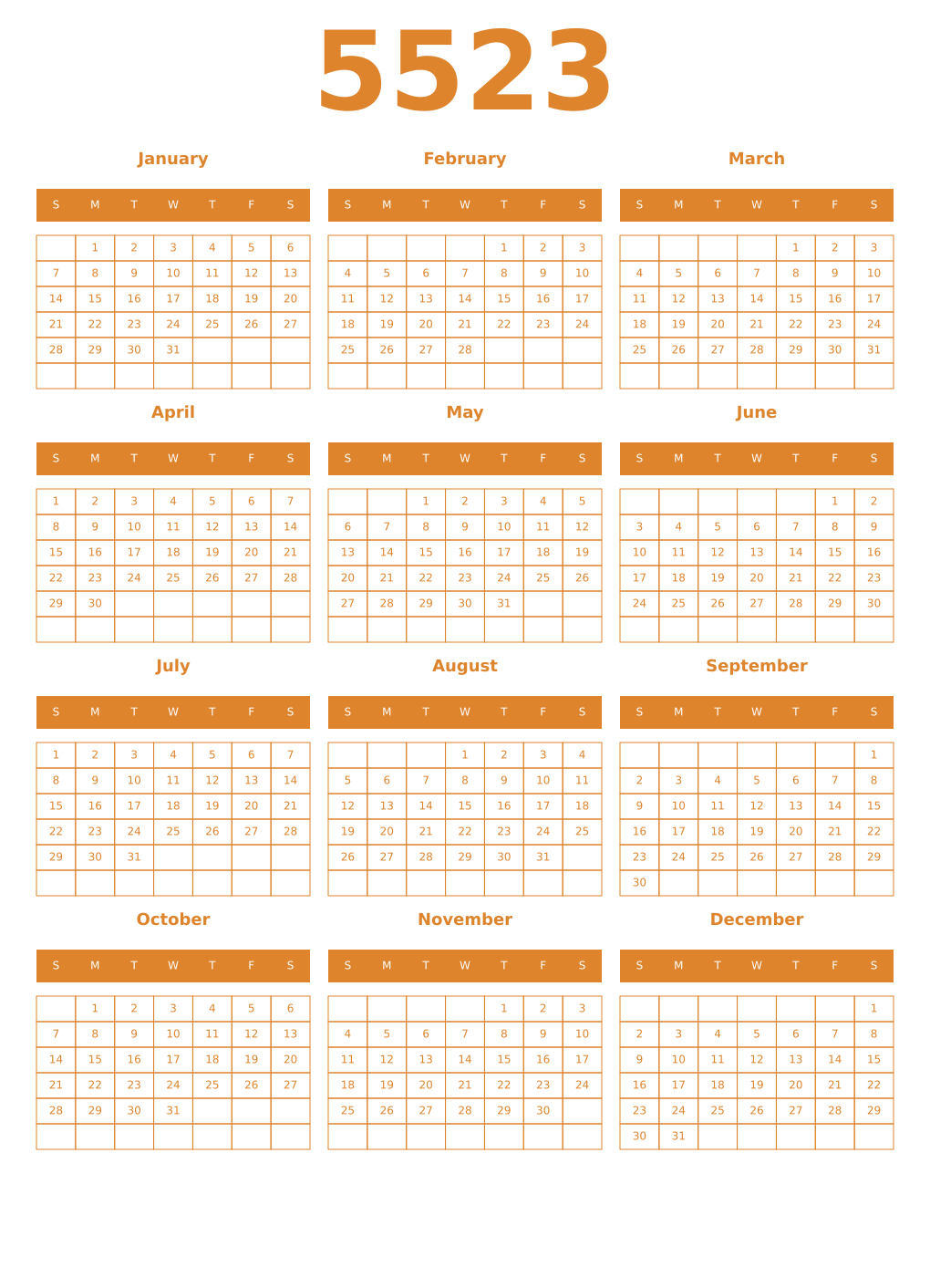 Printable 5523 Year Calendars orange