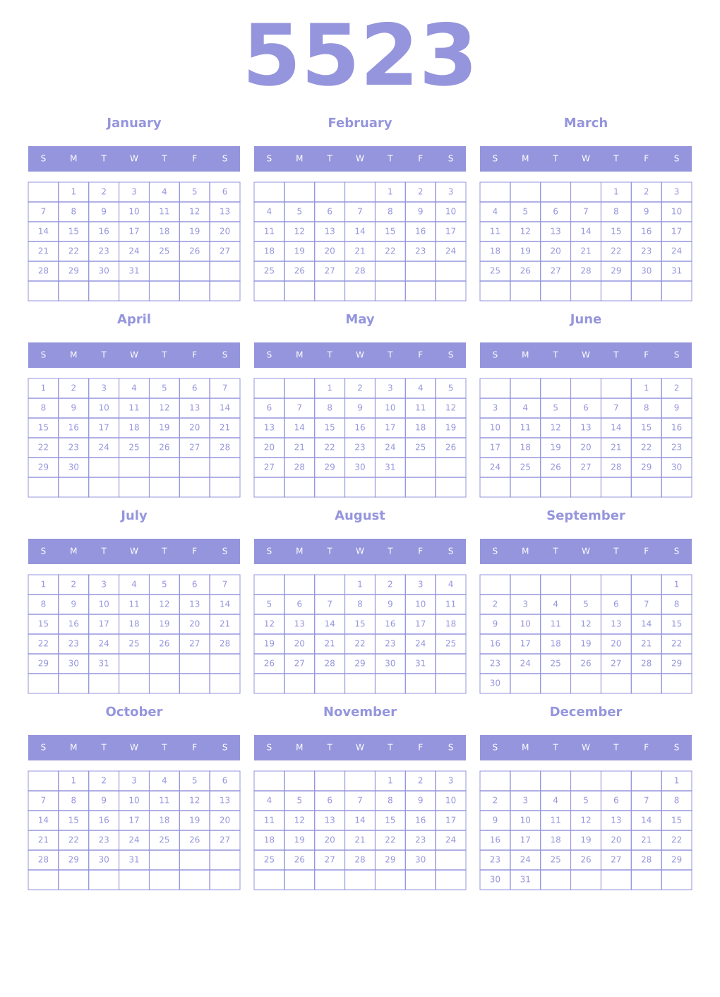 Printable 5523 Year Calendars periwinkle