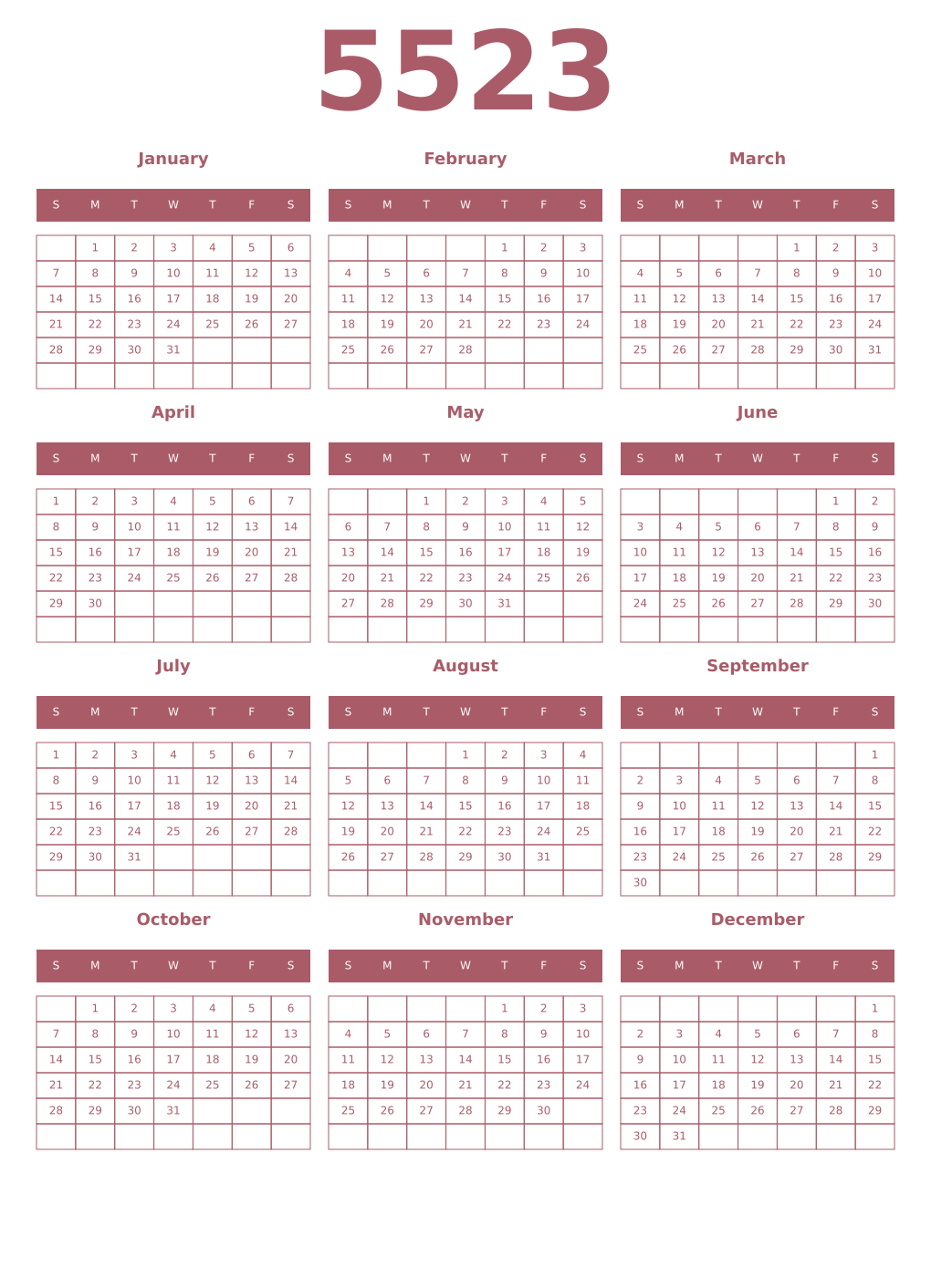 Printable 5523 Year Calendars puce