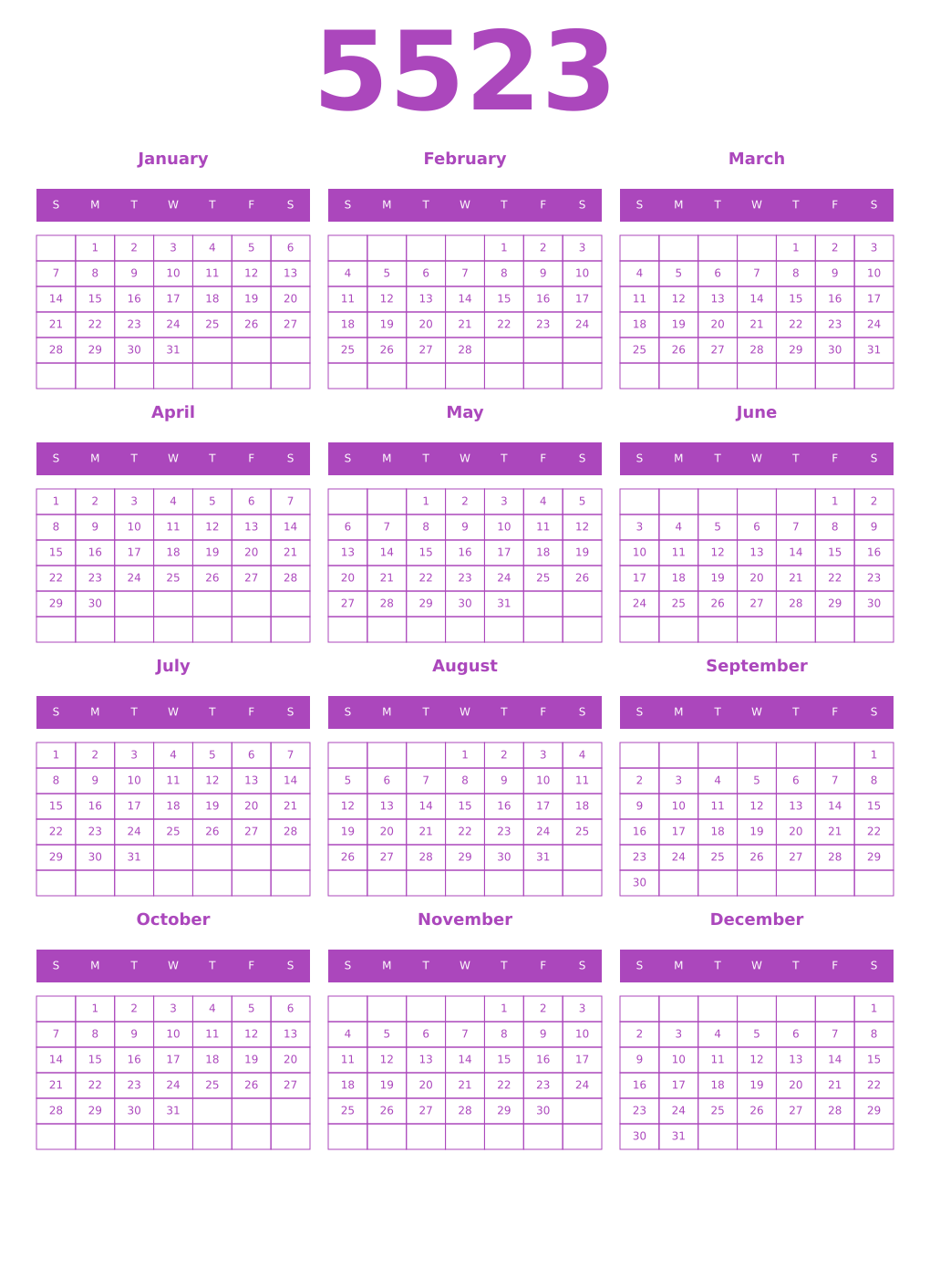 Printable 5523 Year Calendars purple