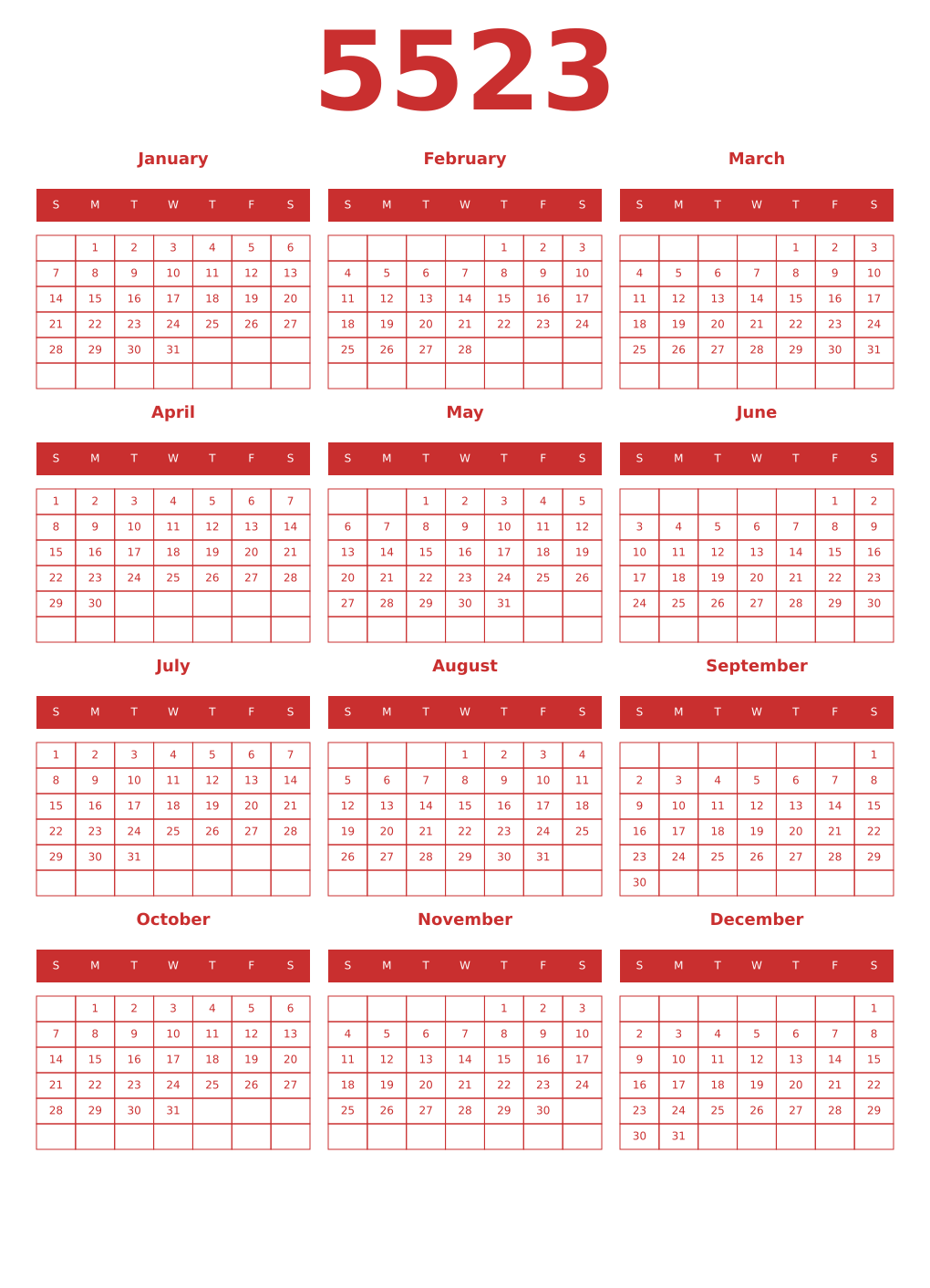 Printable 5523 Year Calendars red