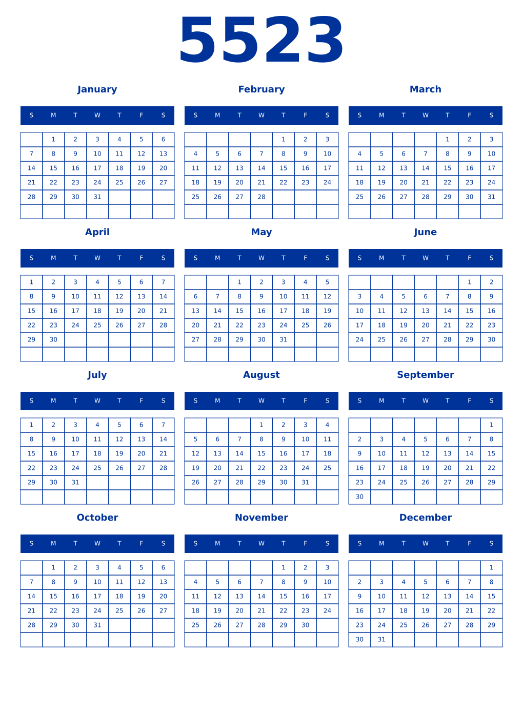 Printable 5523 Year Calendars smalt