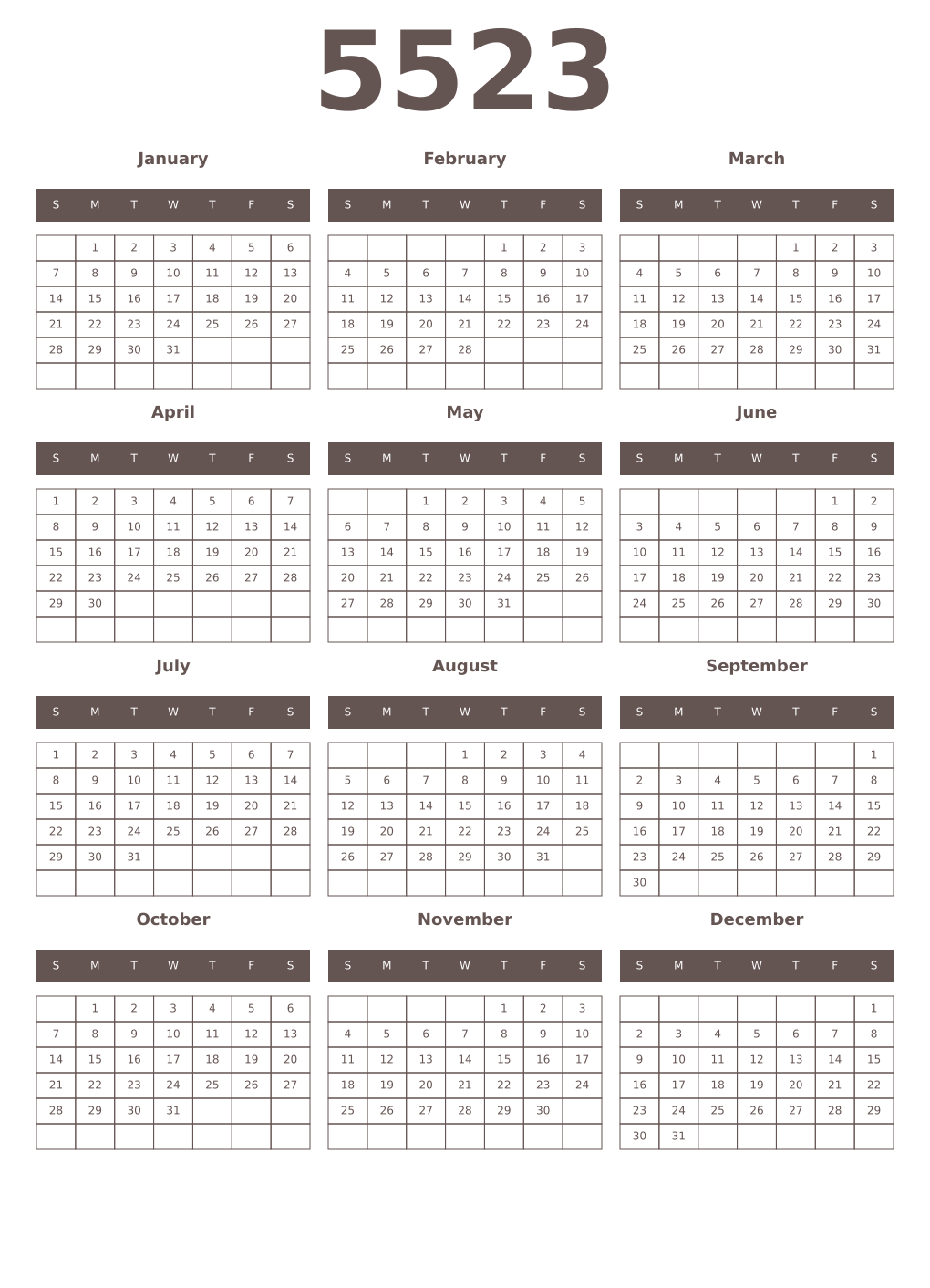 Printable 5523 Year Calendars wenge