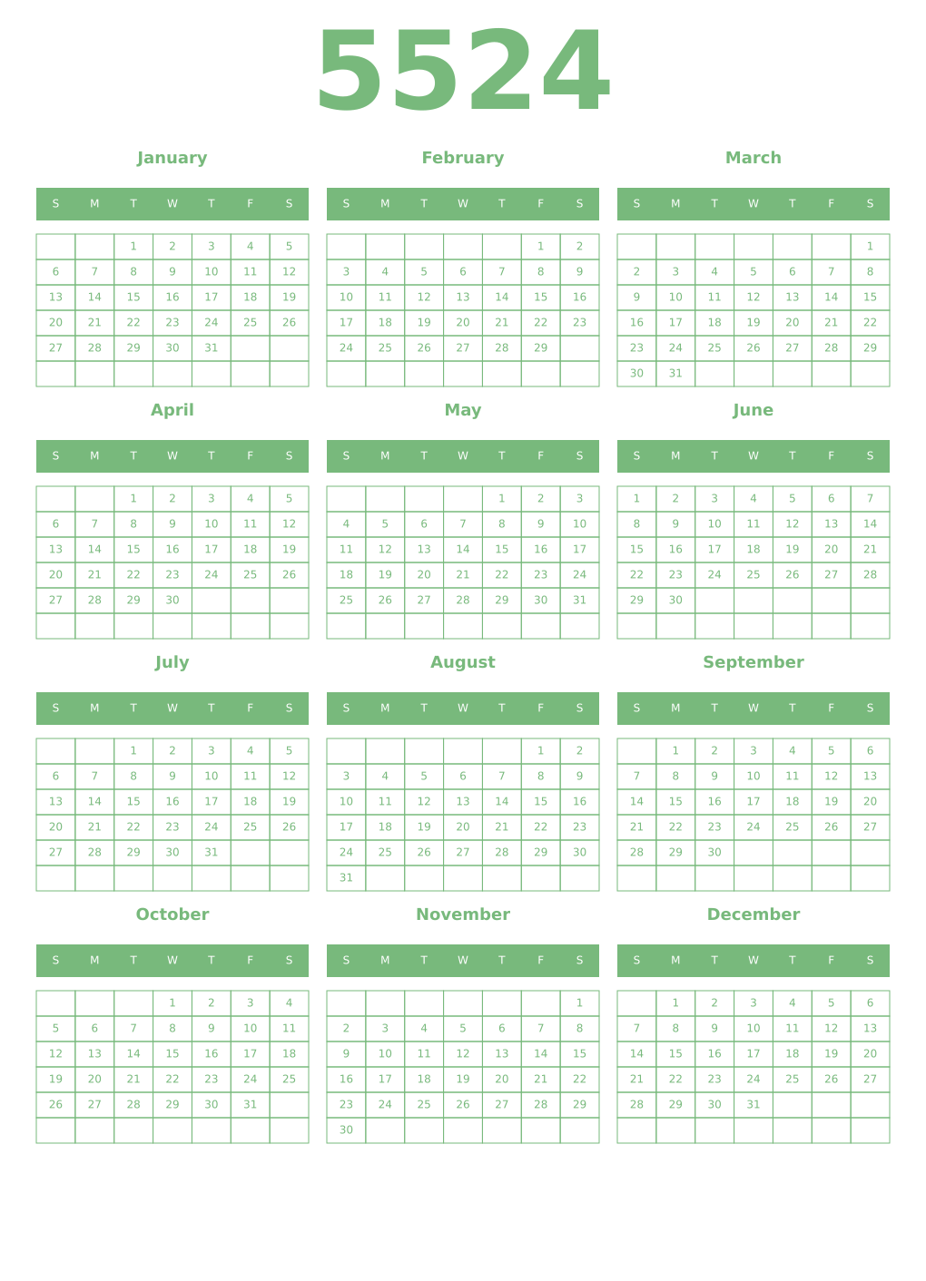 Printable 5524 Year Calendars celadon