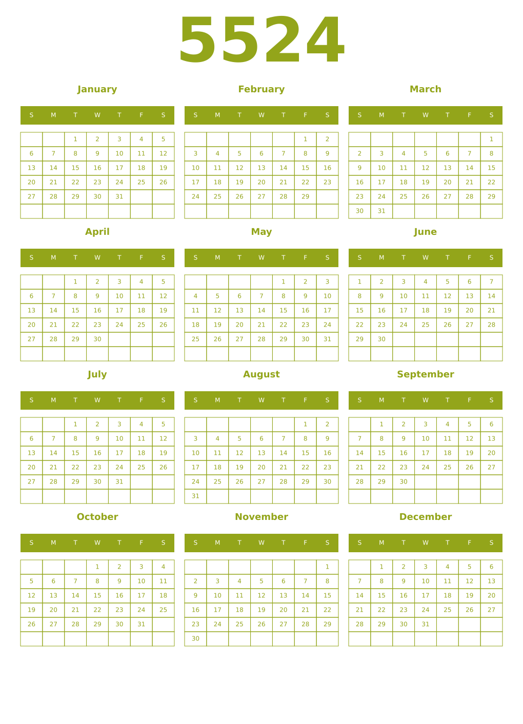 Printable 5524 Year Calendars chartreuse