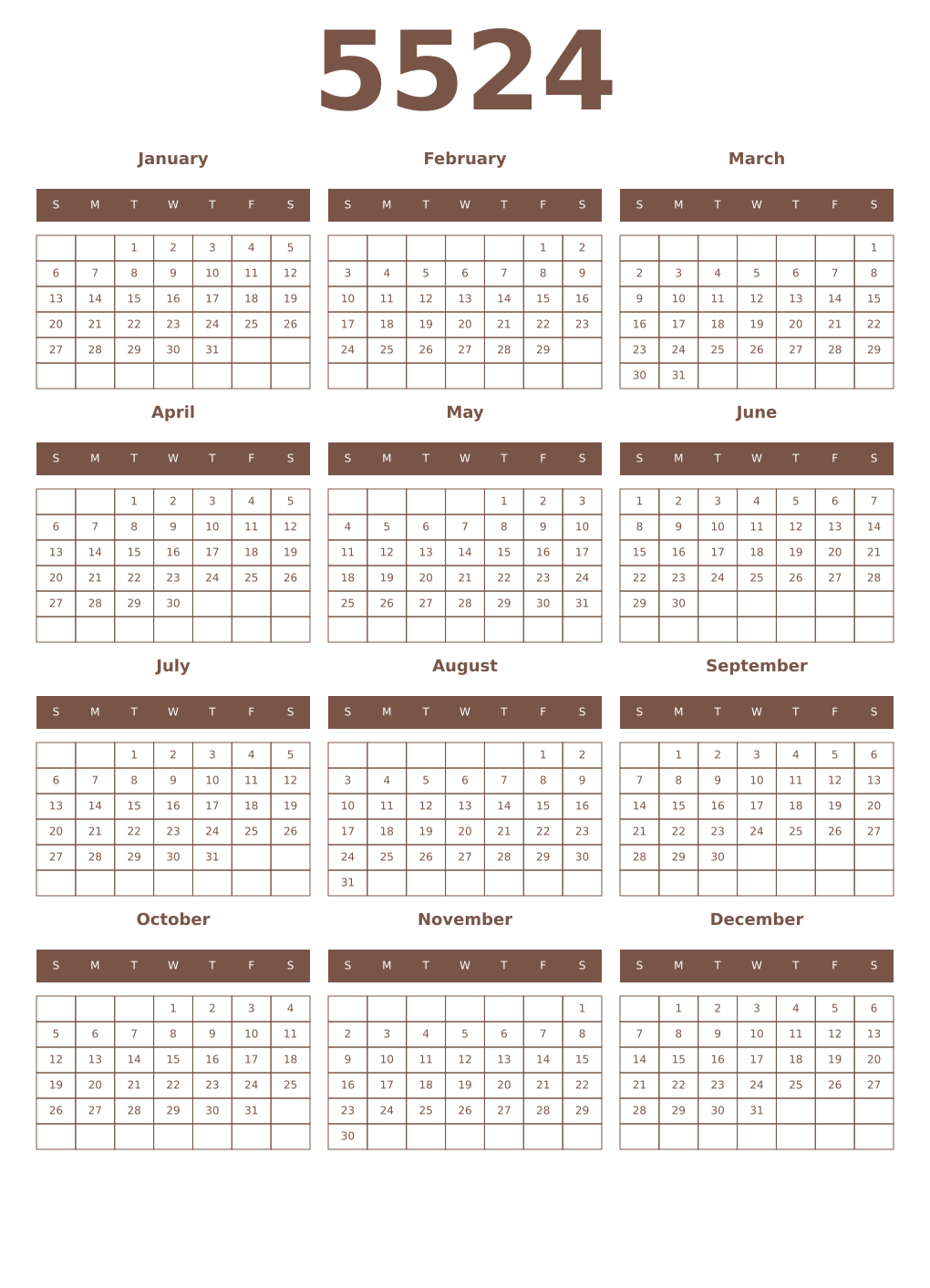 Printable 5524 Year Calendars coffe