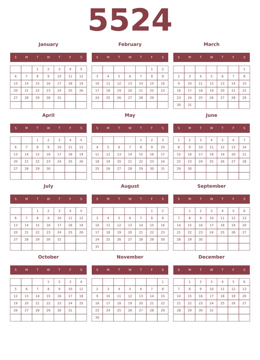 Printable 5524 Year Calendars cordovan