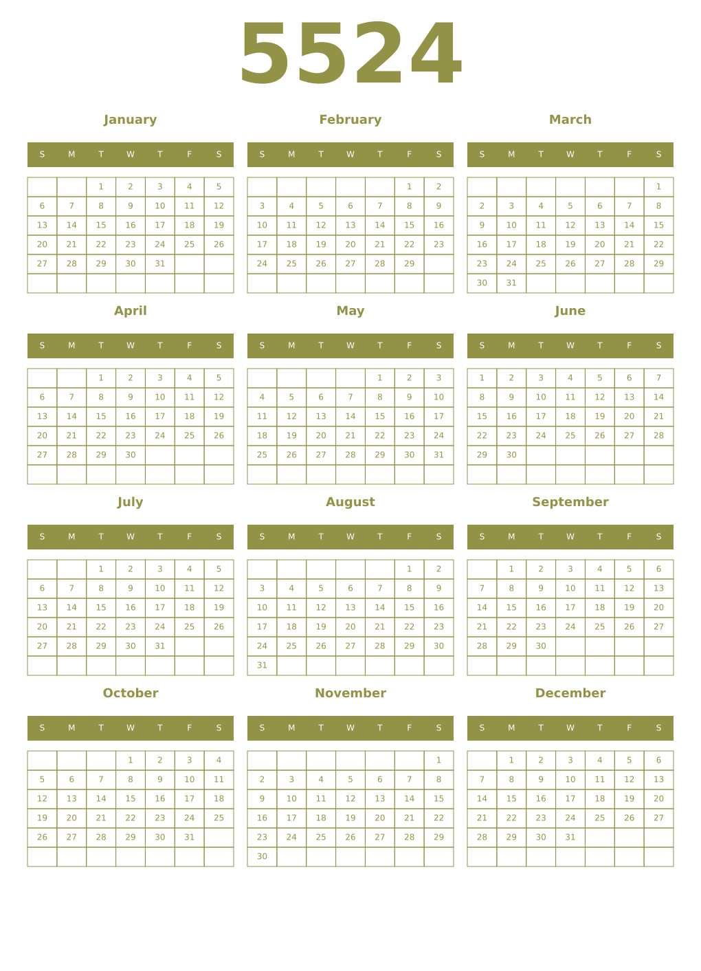 Printable 5524 Year Calendars eburnean