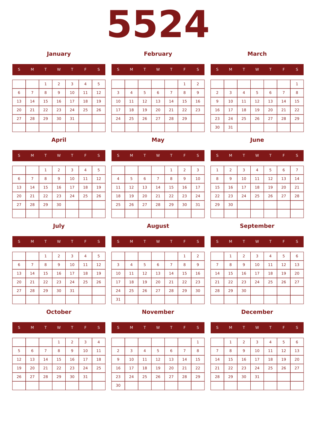 Printable 5524 Year Calendars falu