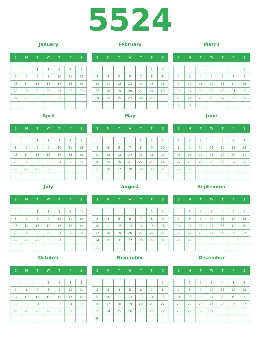 Printable 5524 Year Calendars green