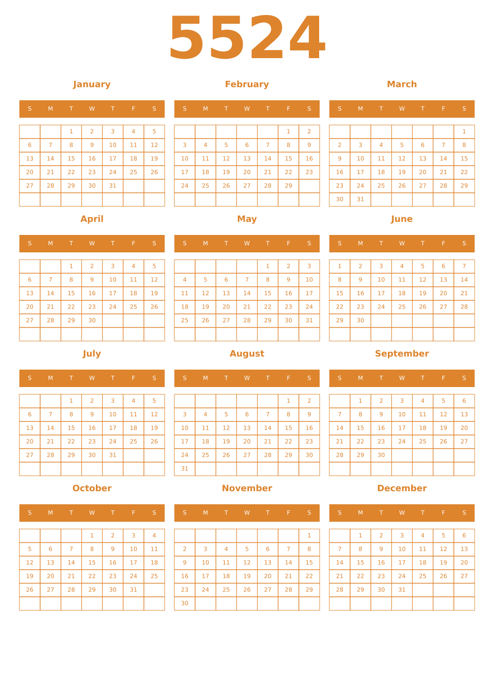 Printable 5524 Year Calendars orange