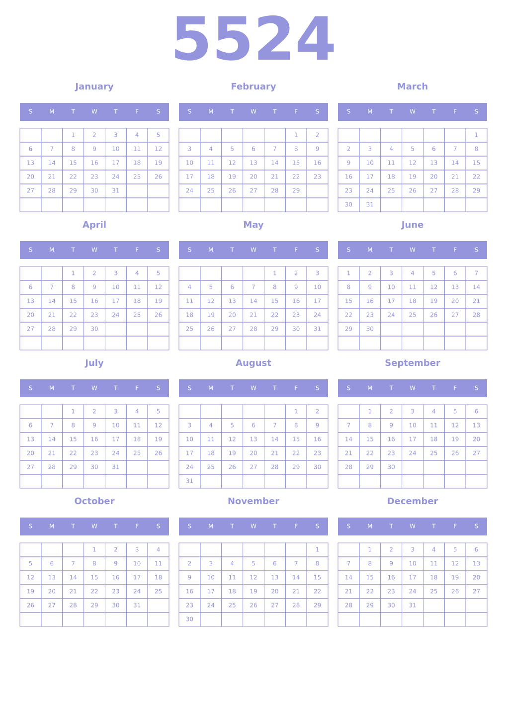 Printable 5524 Year Calendars periwinkle