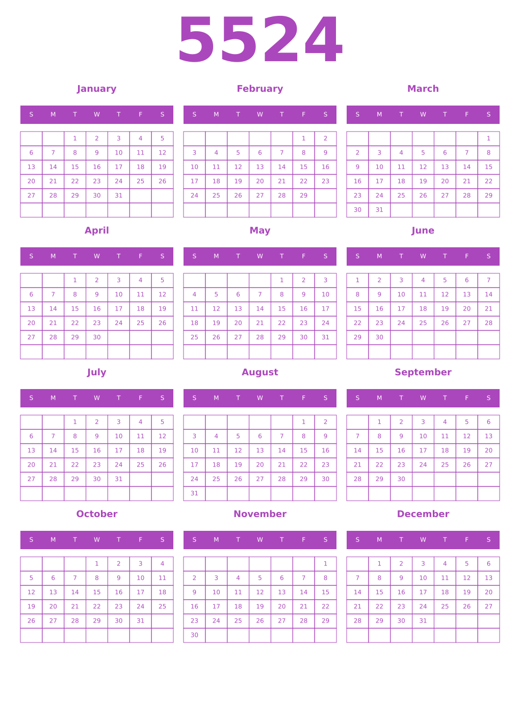 Printable 5524 Year Calendars purple