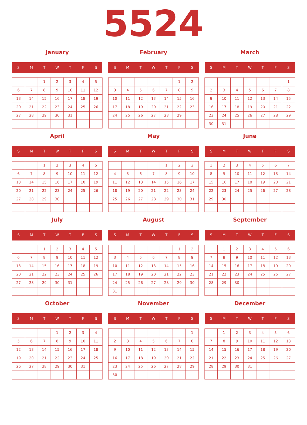 Printable 5524 Year Calendars red