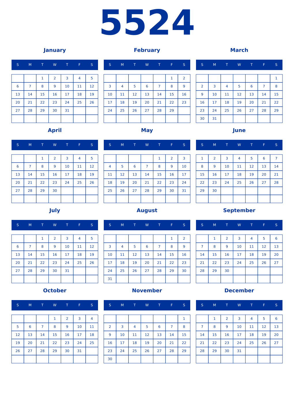 Printable 5524 Year Calendars smalt