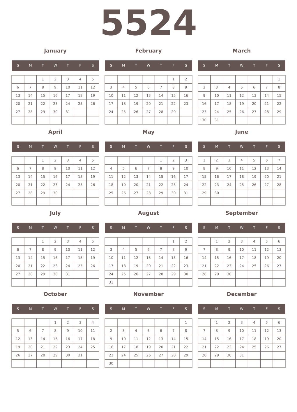 Printable 5524 Year Calendars wenge