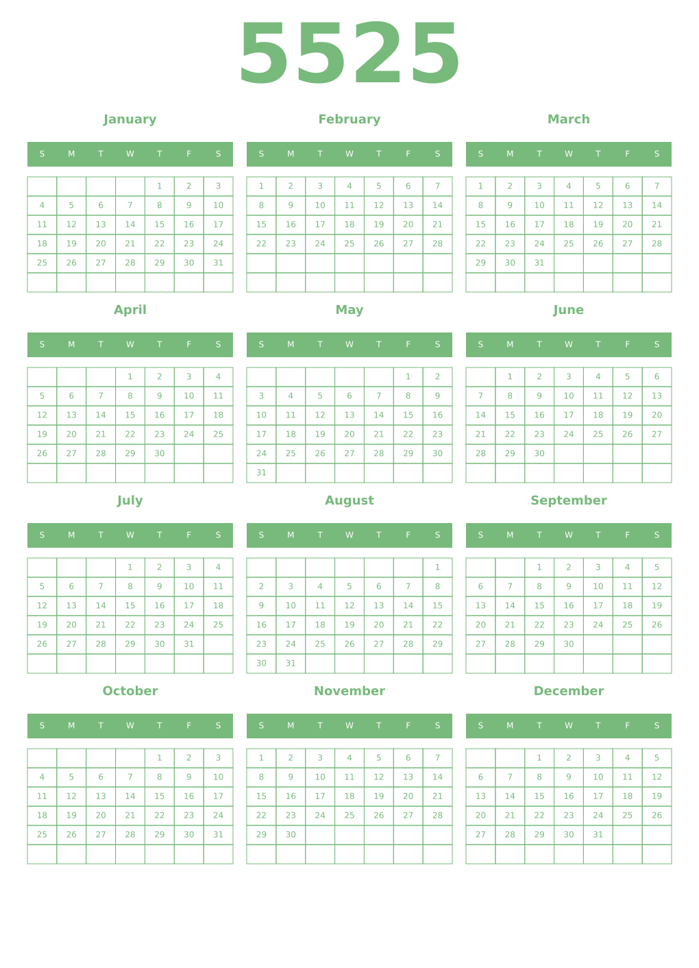 Printable 5525 Year Calendars celadon
