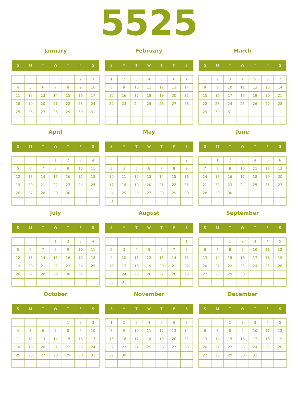 Printable 5525 Year Calendars chartreuse