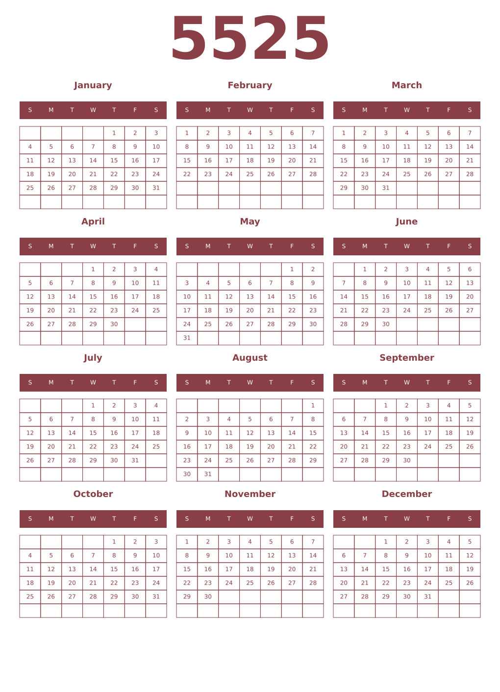Printable 5525 Year Calendars cordovan