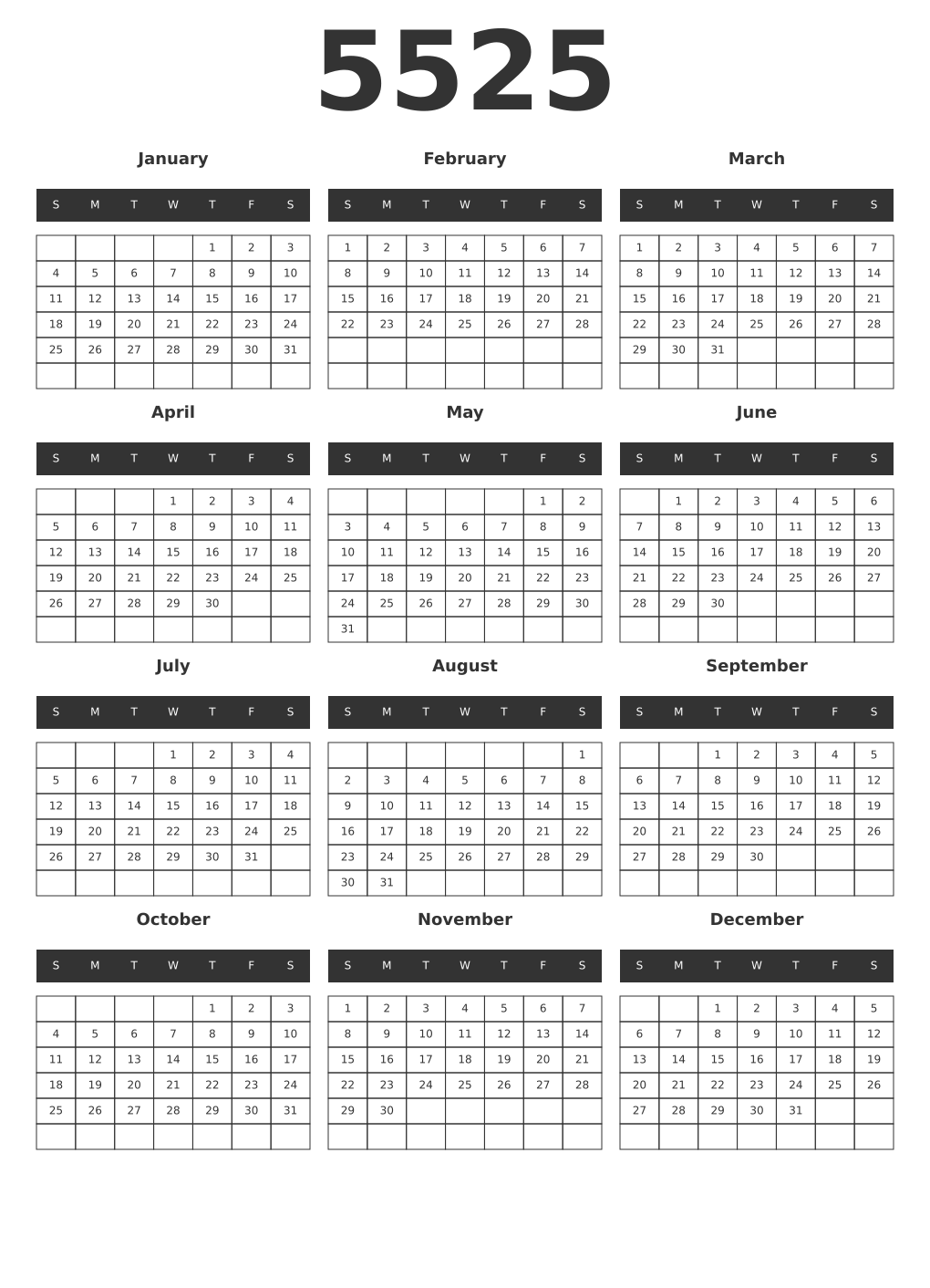 Printable 5525 Year Calendars dark