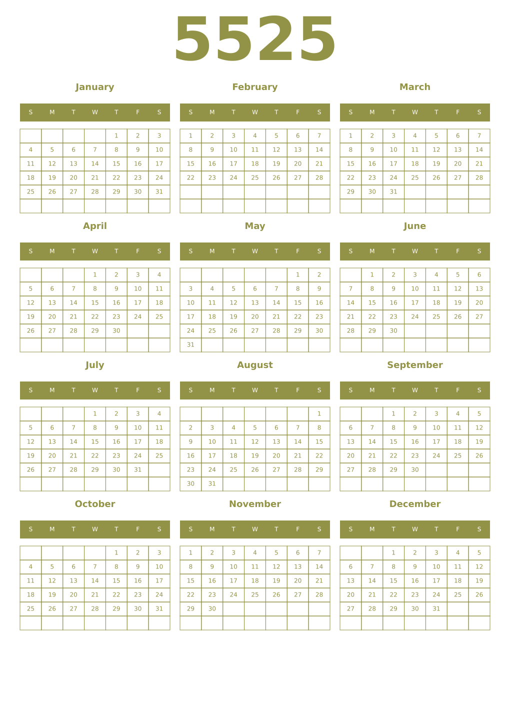 Printable 5525 Year Calendars eburnean