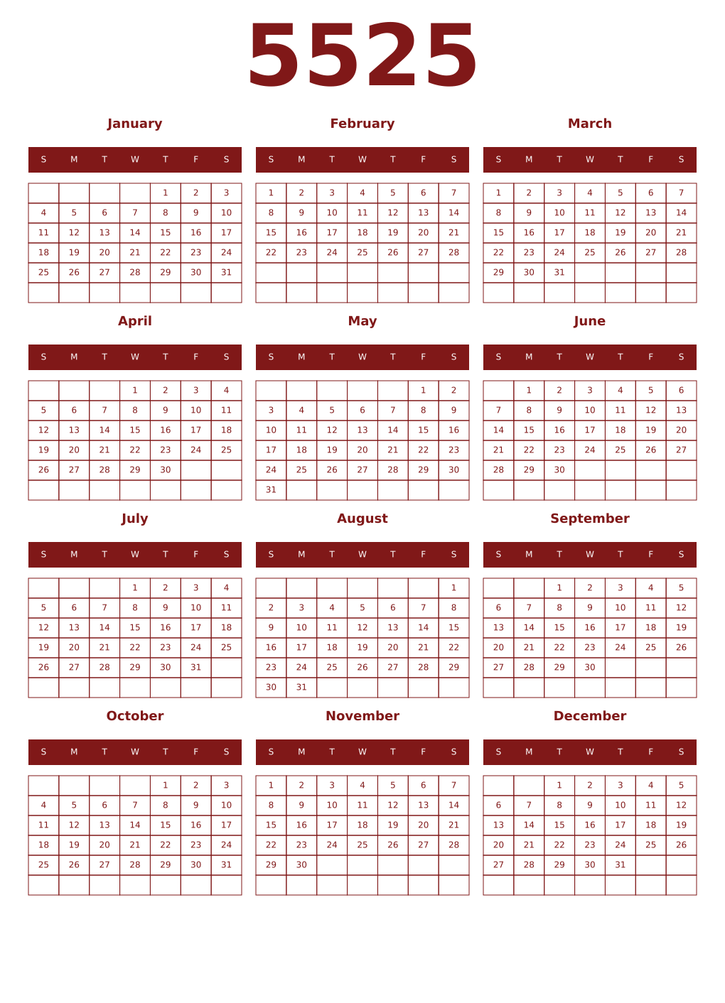 Printable 5525 Year Calendars falu