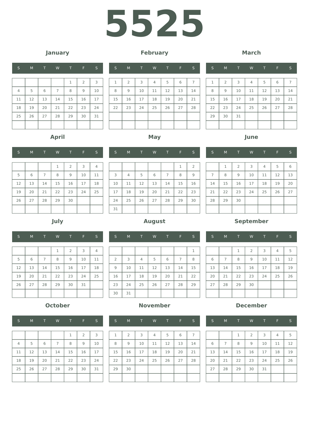 Printable 5525 Year Calendars feldgrau