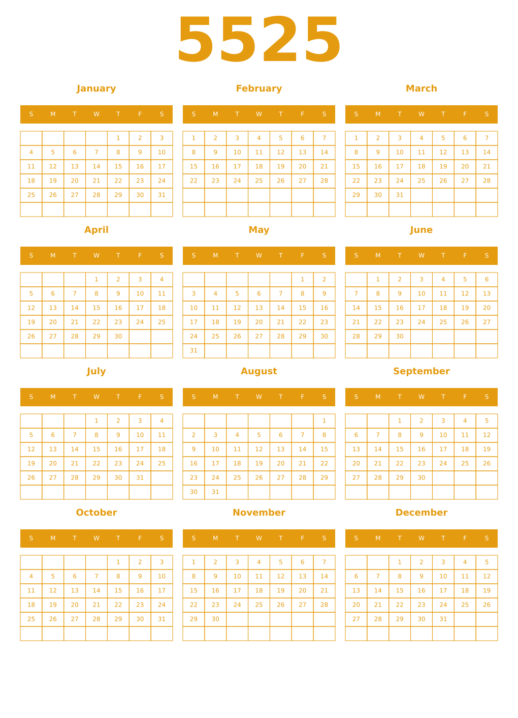 Printable 5525 Year Calendars gamboge