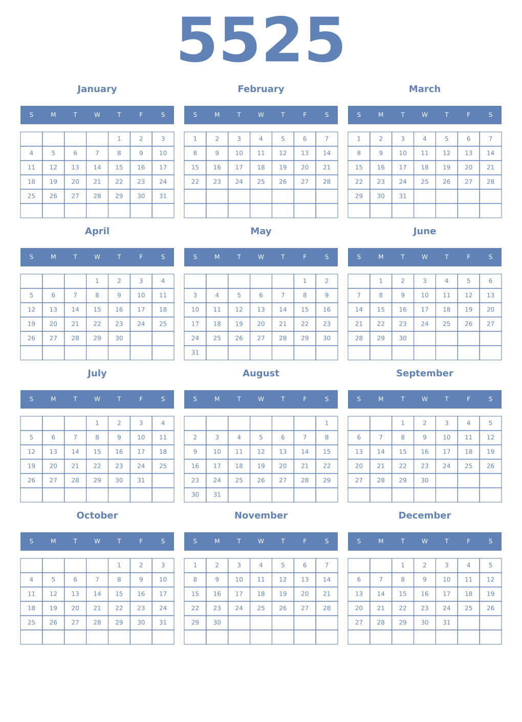 Printable 5525 Year Calendars glaucous