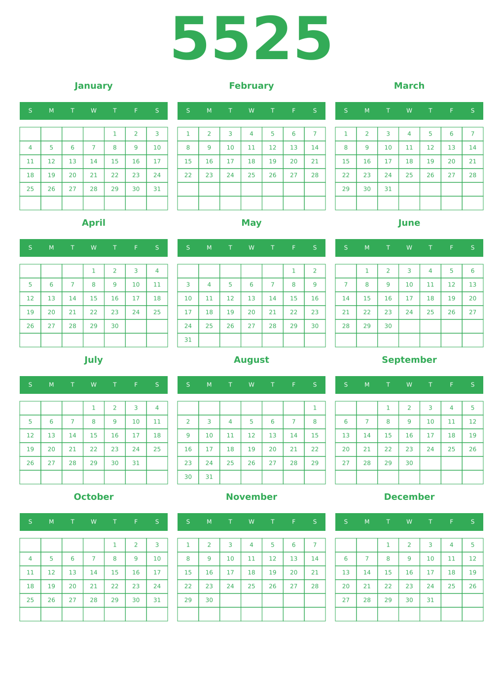 Printable 5525 Year Calendars green