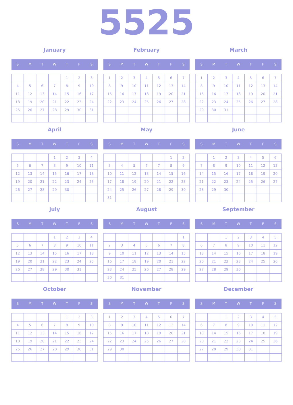 Printable 5525 Year Calendars periwinkle