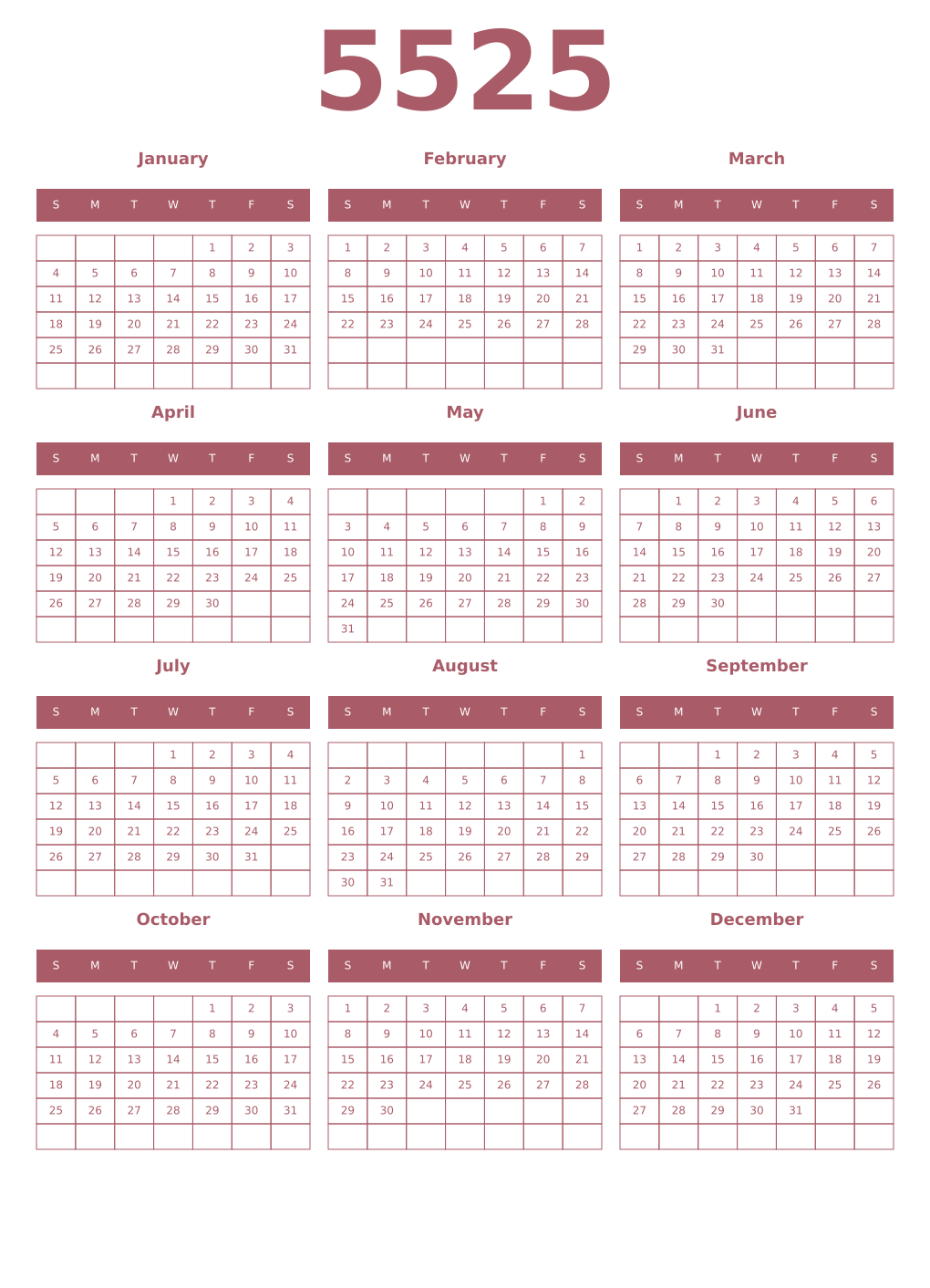 Printable 5525 Year Calendars puce