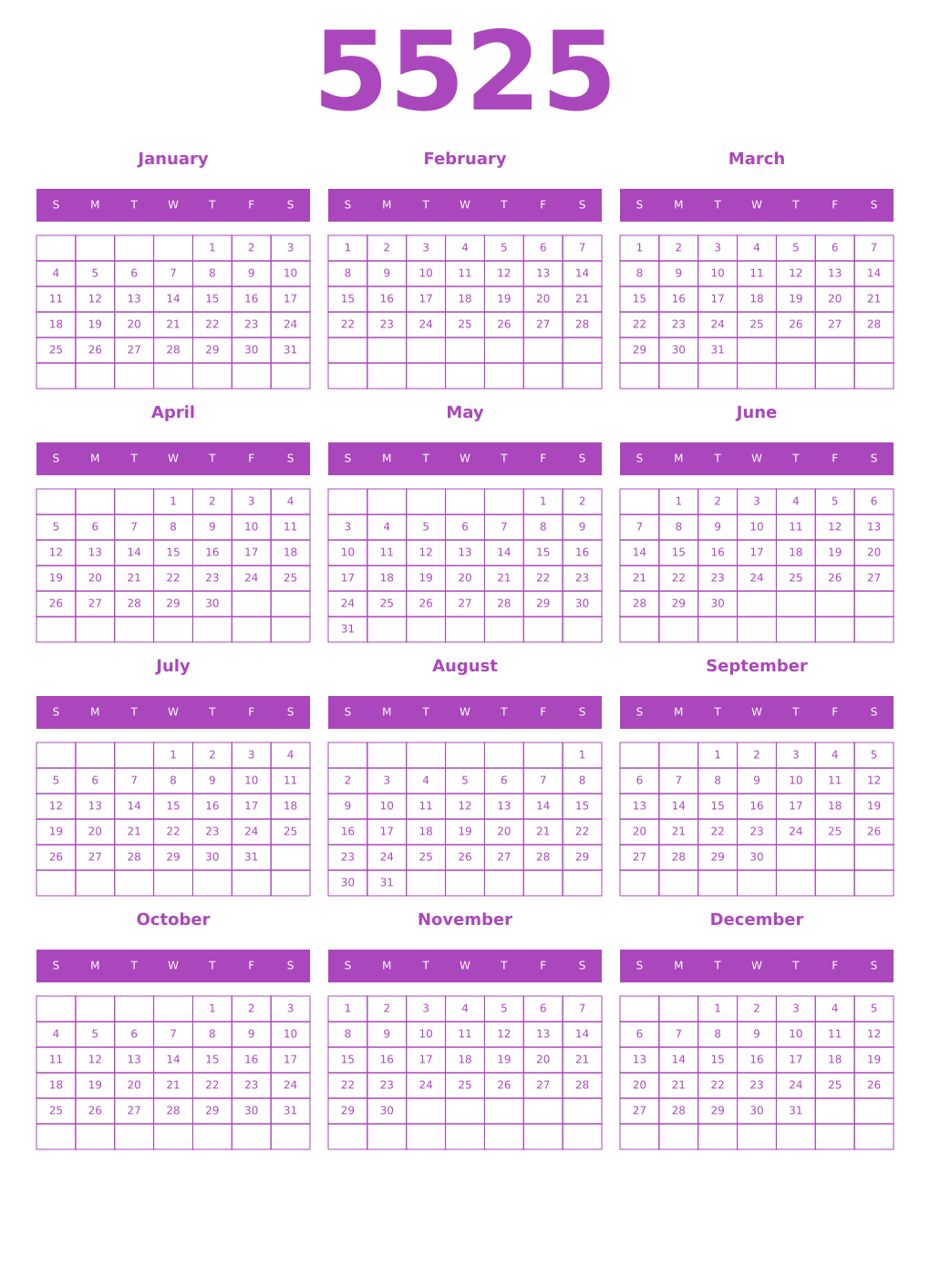 Printable 5525 Year Calendars purple