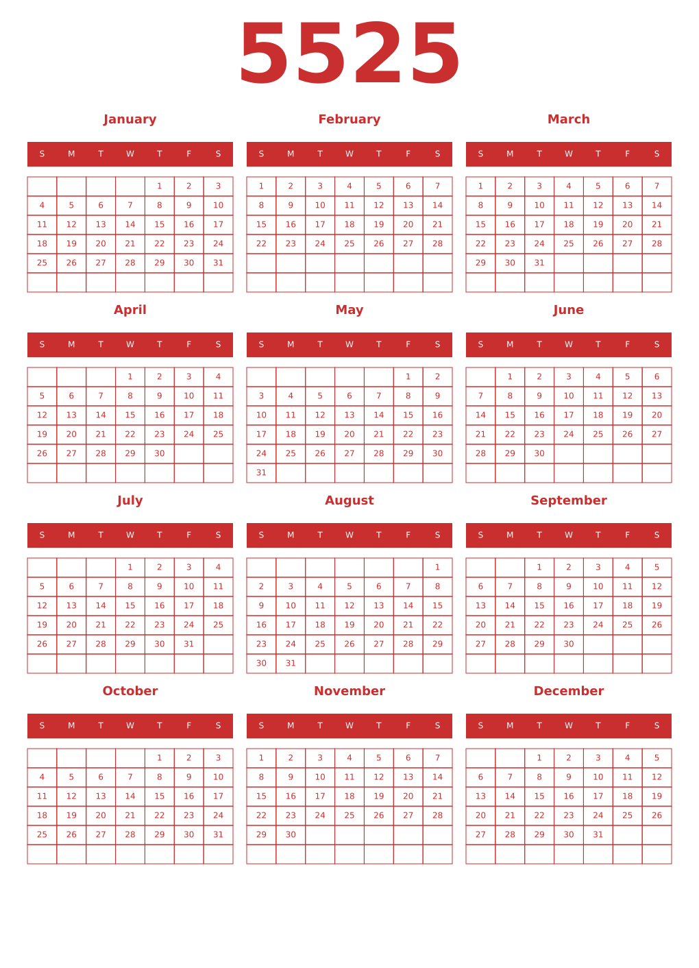 Printable 5525 Year Calendars red
