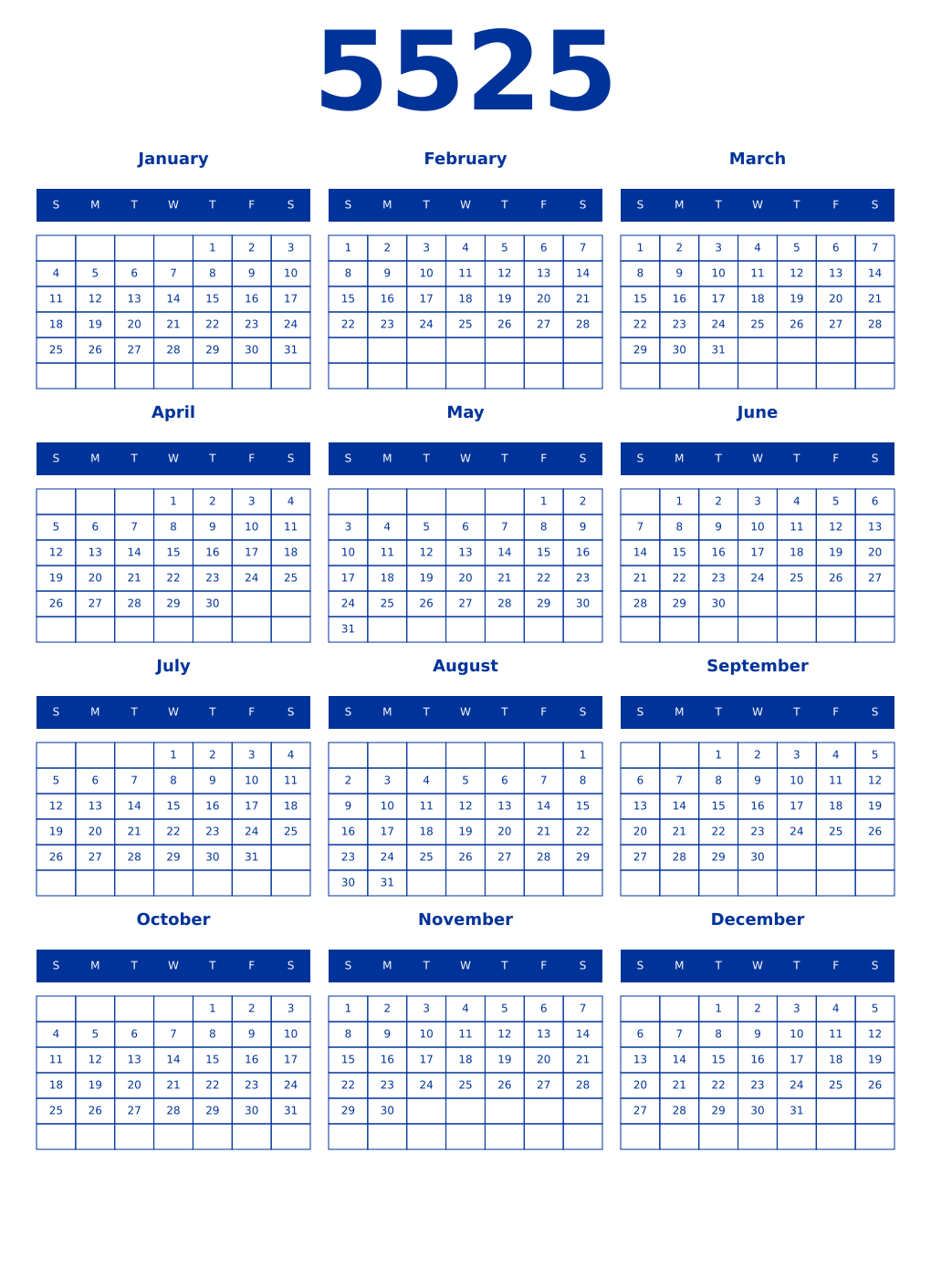 Printable 5525 Year Calendars smalt