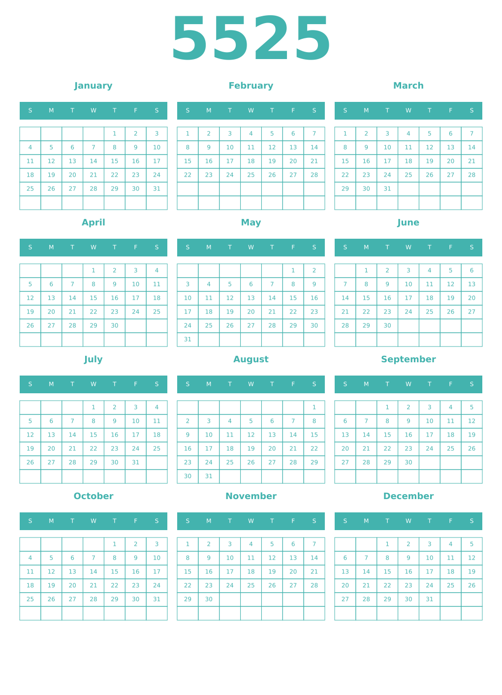 Printable 5525 Year Calendars verdigris