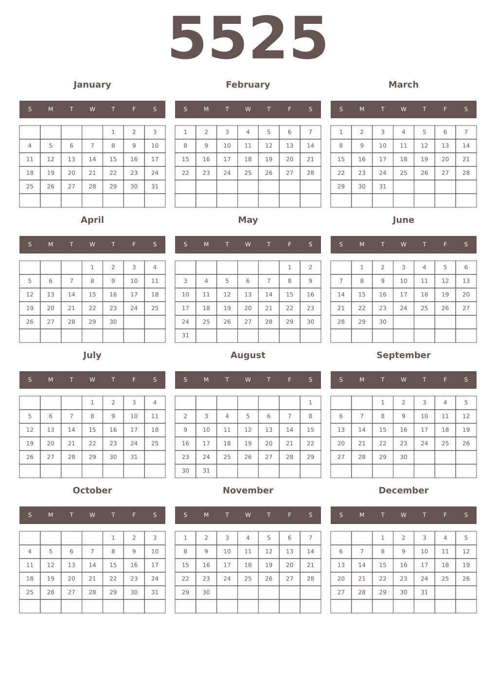 Printable 5525 Year Calendars wenge