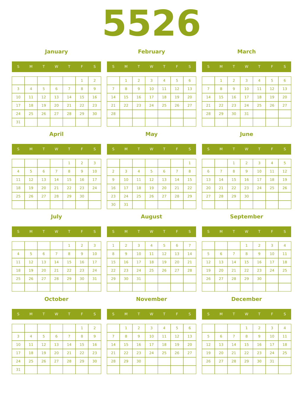 Printable 5526 Year Calendars chartreuse