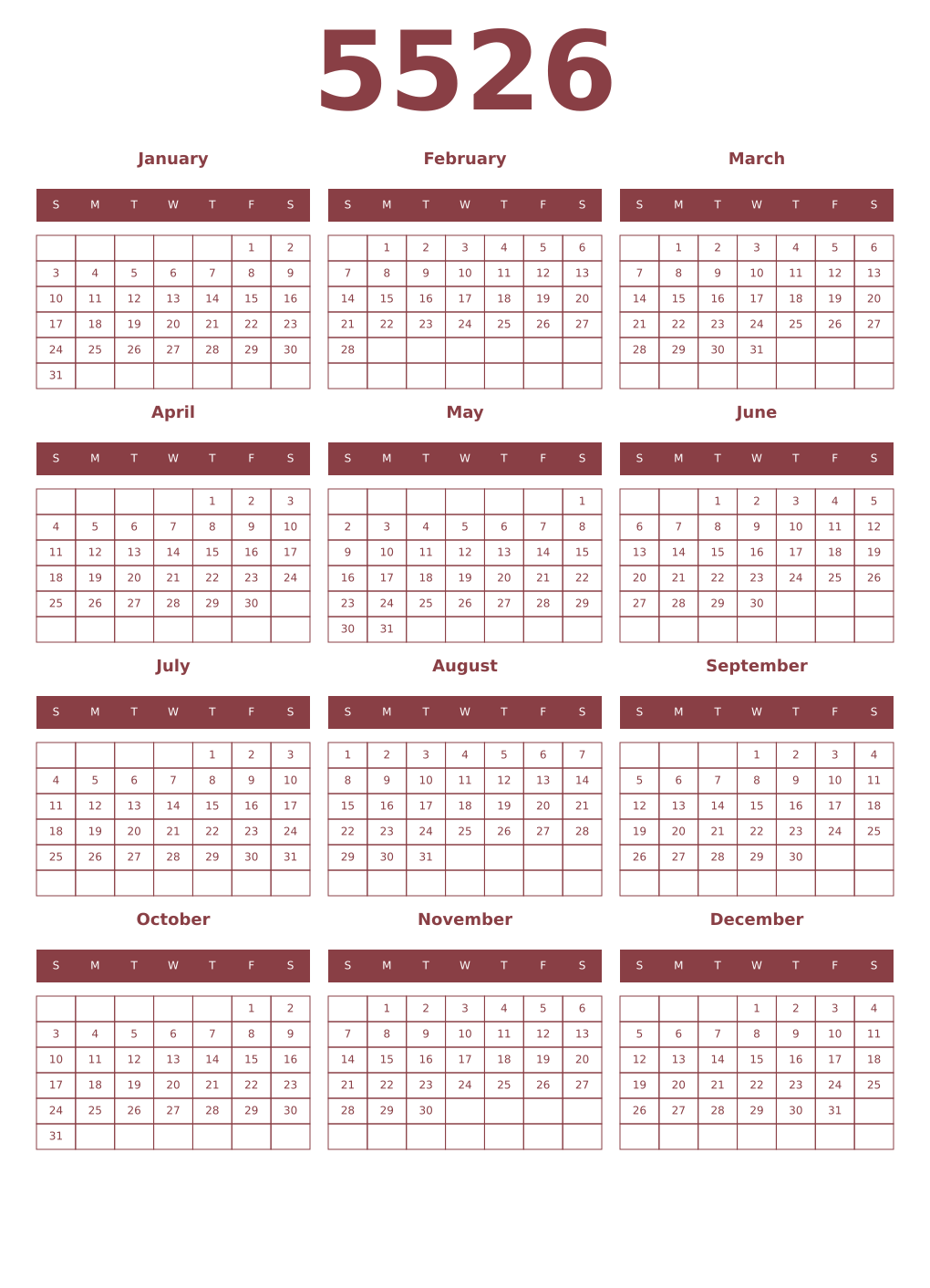 Printable 5526 Year Calendars cordovan