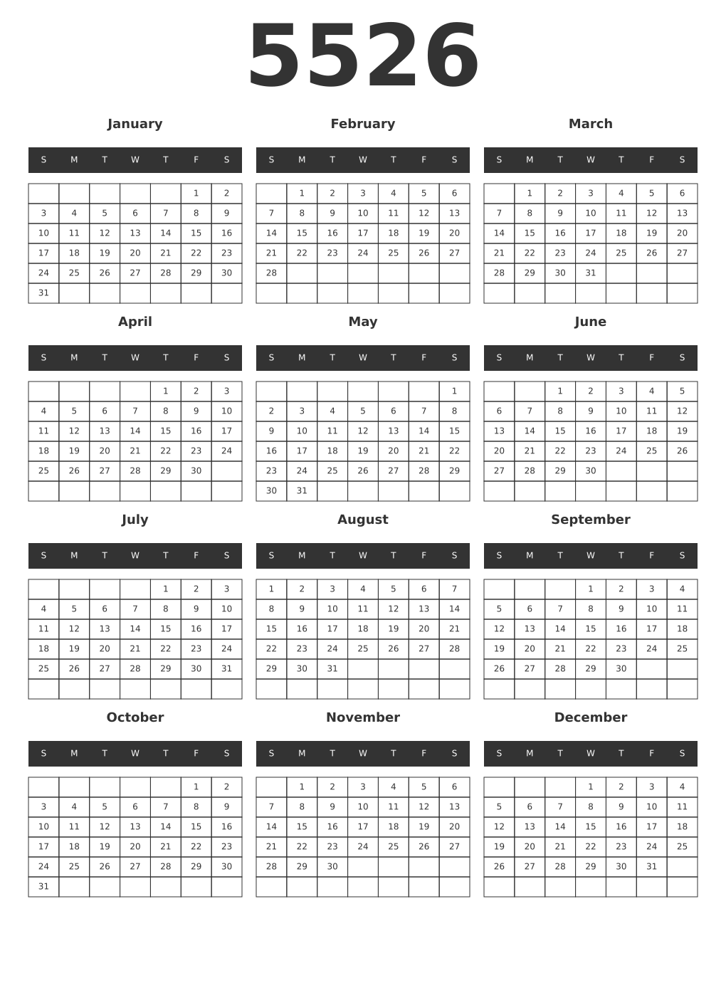 Printable 5526 Year Calendars dark
