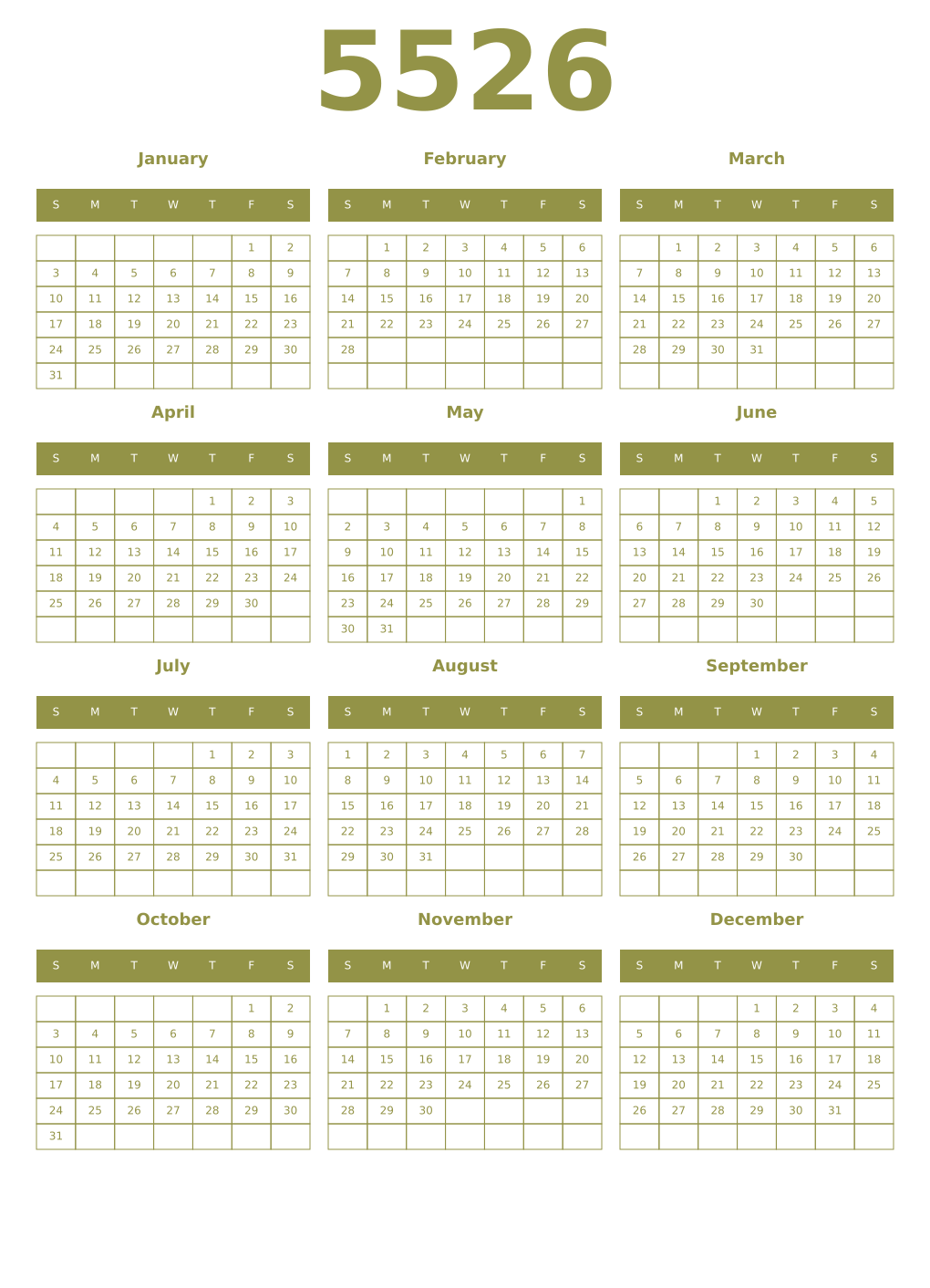 Printable 5526 Year Calendars eburnean