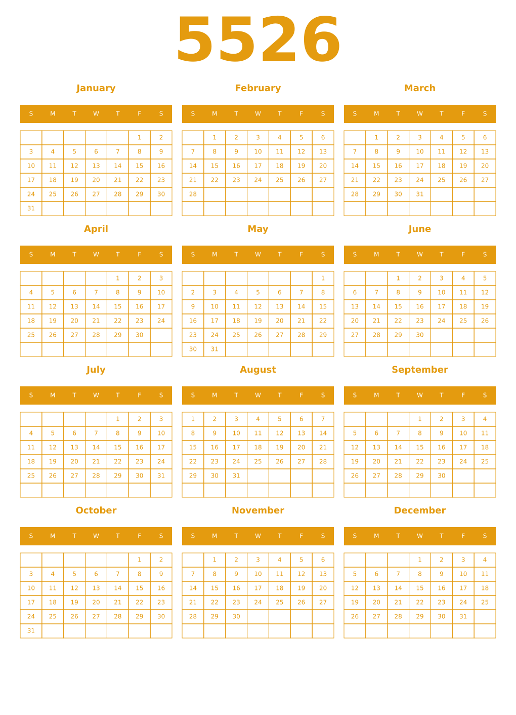 Printable 5526 Year Calendars gamboge